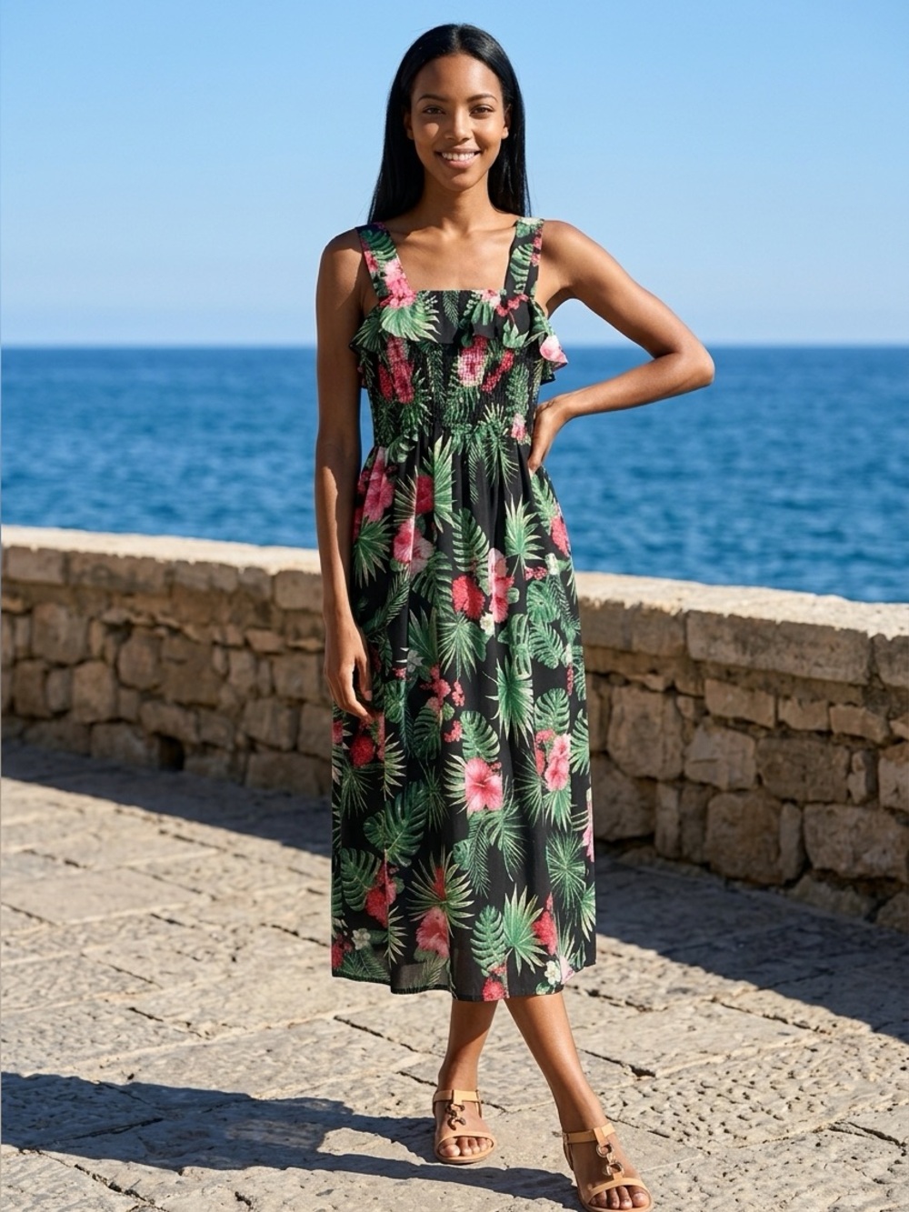 Tropical Print Midi Dress in Black and Pink